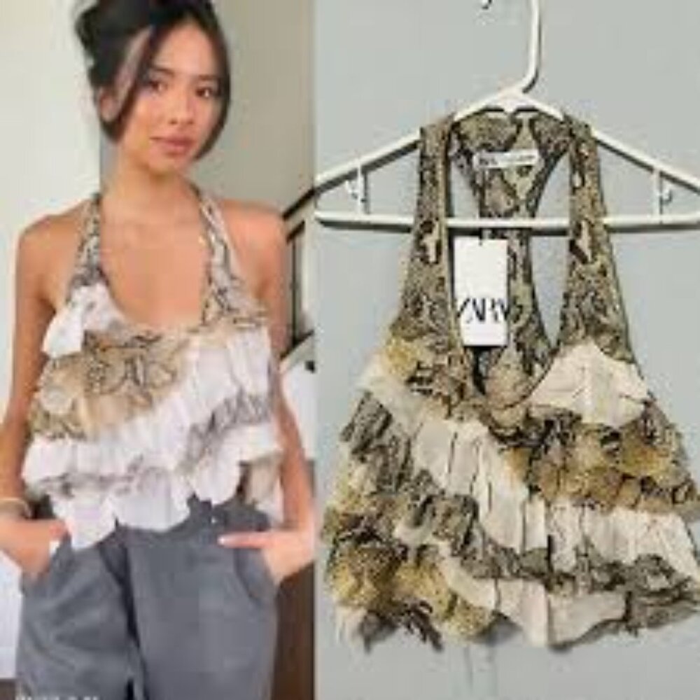 Zara Ruffled Halter Tiered Snake-Print Tank - Cream & Brown
